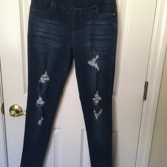 JVINI Pull On Flat Front Blue Denim Ripped Jeans Jegging - Picture 1 of 10
